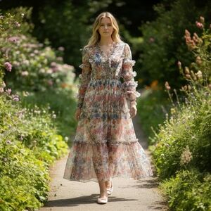 Bohemian Sheer Ruffled Maxi Dress with Tiered Skirt Medium